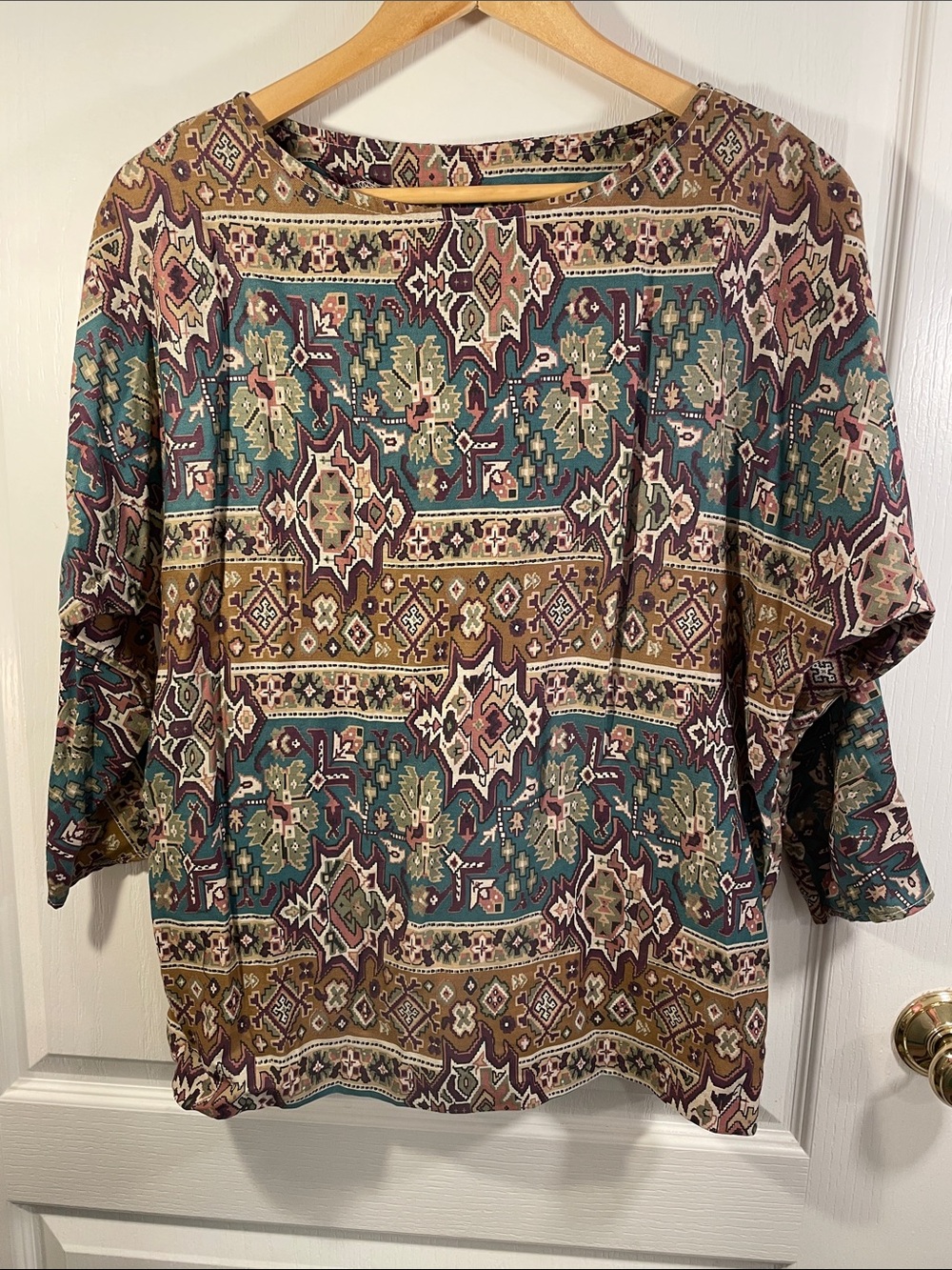 Vintage Printed Boho Tunic Top in Teal, Brown & Cream